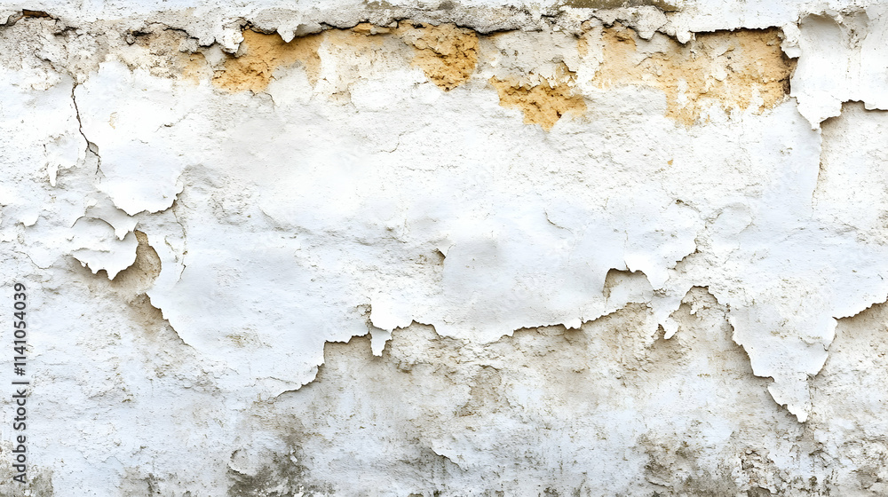 Obraz premium Weathered white wall texture with peeling paint and exposed patches of yellow.
