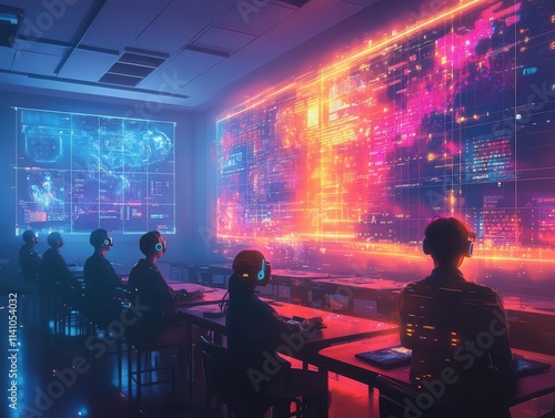 Wallpaper Mural A bright classroom where teachers collaborate on glowing VR learning tools, students observing attentively Torontodigital.ca