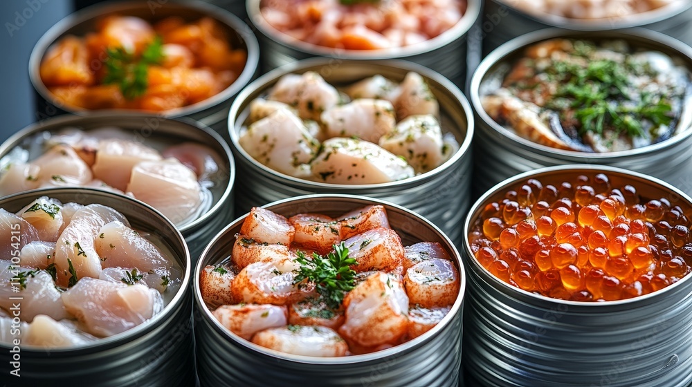 Open Cans of Seafood Arranged on White Background Open Cans of Seafood Arranged on White Background