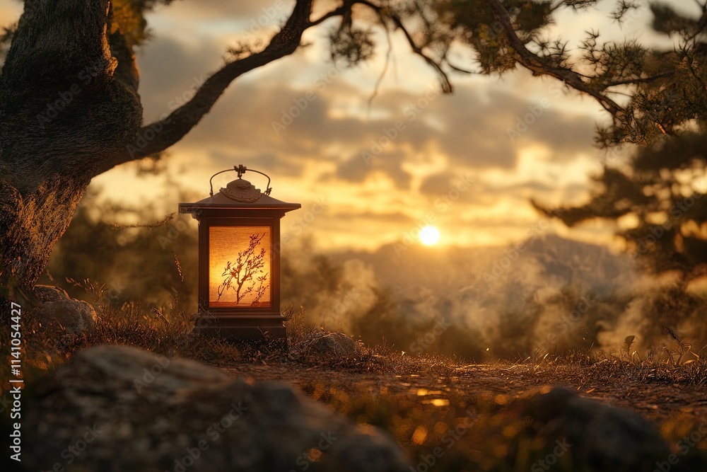 Lantern illuminating a serene landscape at sunset near a tree on a tranquil evening