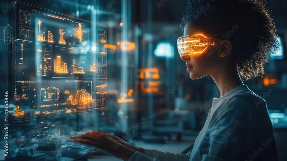 A bright tech lab where a student interacts with glowing AR models, sunlight streaming onto sleek equipment A bright tech lab where a student interacts with glowing AR models, sunlight streaming onto sleek equipment