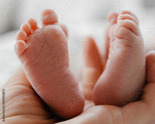 A newborn baby's feet in mom s hands close-up. High quality photo photo