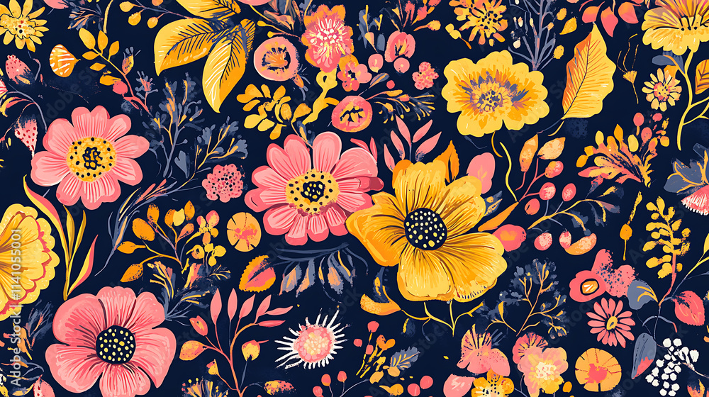Bold vivid tropical floral seamless pattern in pink and yellow tones on navy blue fabric, suitable for textile printing, large flowers with various leaves and foliage, trendy spring summer print dress Bold vivid tropical floral seamless pattern in pink and yellow tones on navy blue fabric, suitable for textile printing, large flowers with various leaves and foliage, trendy spring summer print dress