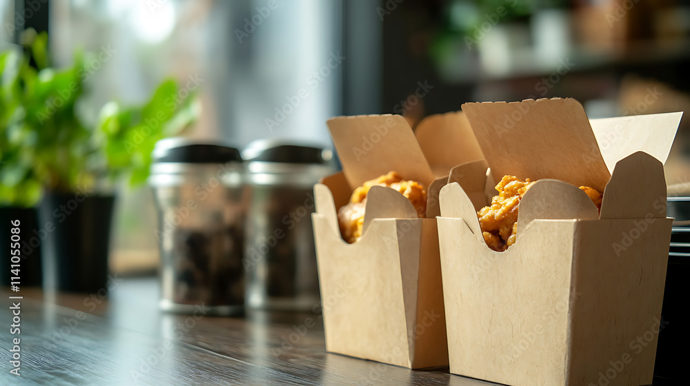 Enjoy organic takeout food served in convenient paper containers at home, eco-friendly packaging concept Enjoy organic takeout food served in convenient paper containers at home, eco-friendly packaging concept
