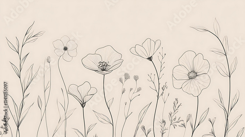 Fototapeta Naklejka Na Ścianę i Meble -  Botanical line art poster, delicate flowers and leaves on a beige background