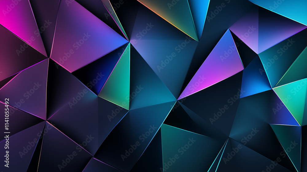 Obraz premium Neon abstract background with colorful triangular shapes in blue, purple and green tones