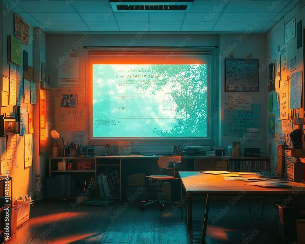 A glowing gradebook projected in a bright teacher s office, surrounded by lesson plans and motivational posters A glowing gradebook projected in a bright teacher s office, surrounded by lesson plans and motivational posters