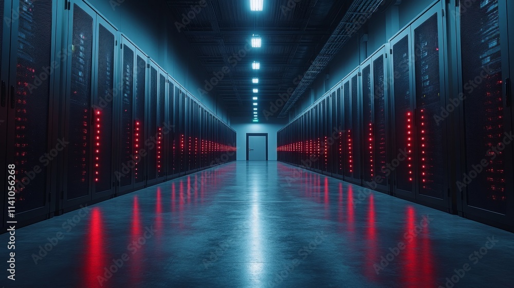 Data center corridor with CCTV systems monitoring activity at night Data center corridor with CCTV systems monitoring activity at night