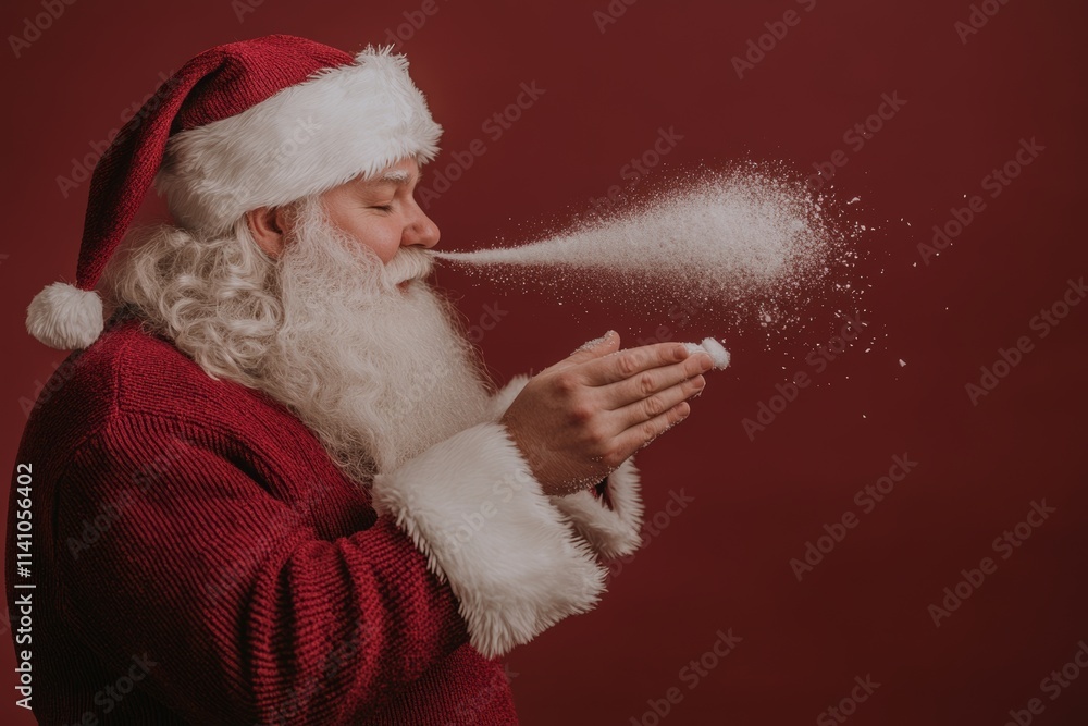 The side profile of a classic Santa Claus, blowing snow against a red background, provides ample room for additional copy. The side profile of a classic Santa Claus, blowing snow against a red background, provides ample room for additional copy.