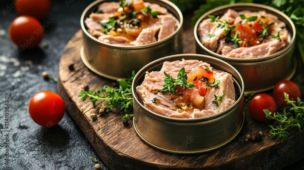 Opened Cans of Tuna with Tomatoes and Spices on Rustic Table Opened Cans of Tuna with Tomatoes and Spices on Rustic Table