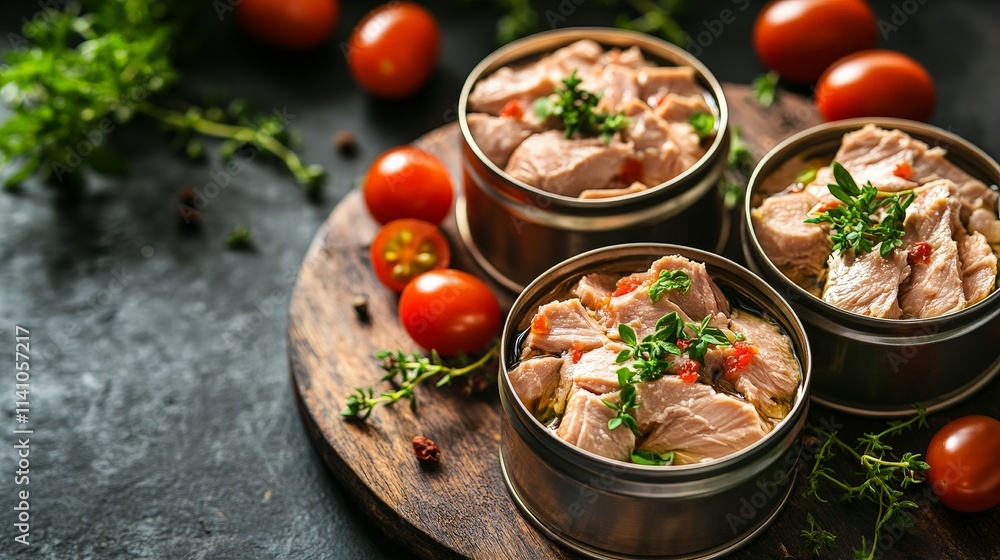 Opened Cans of Tuna with Tomatoes and Spices on Rustic Table Opened Cans of Tuna with Tomatoes and Spices on Rustic Table