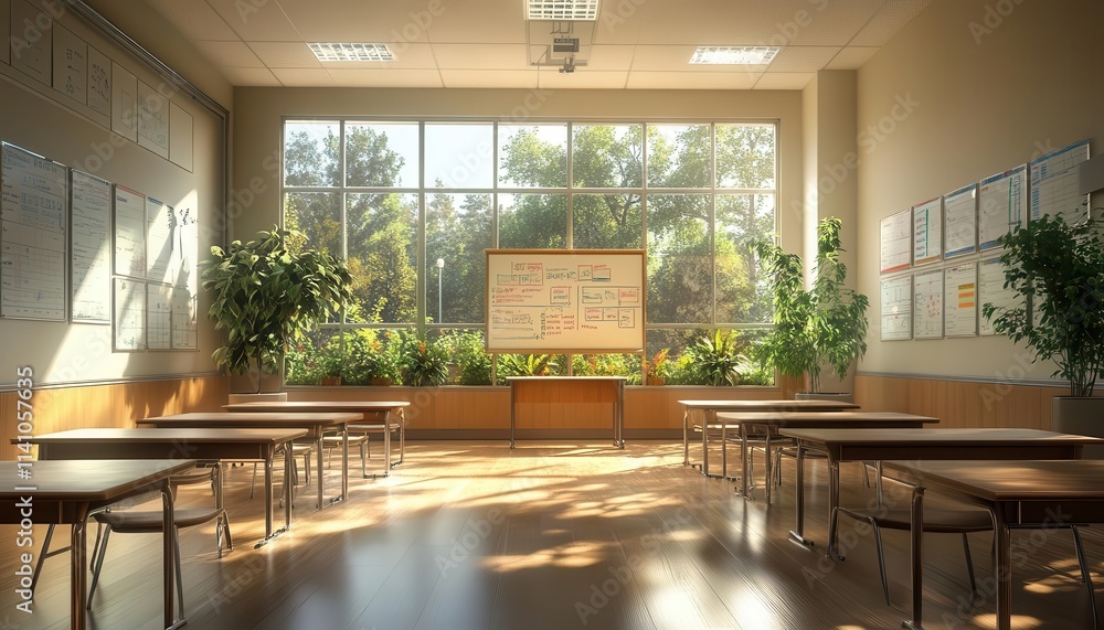 Fototapeta premium A serene classroom where glowing charts track student development, natural light enhancing the environment