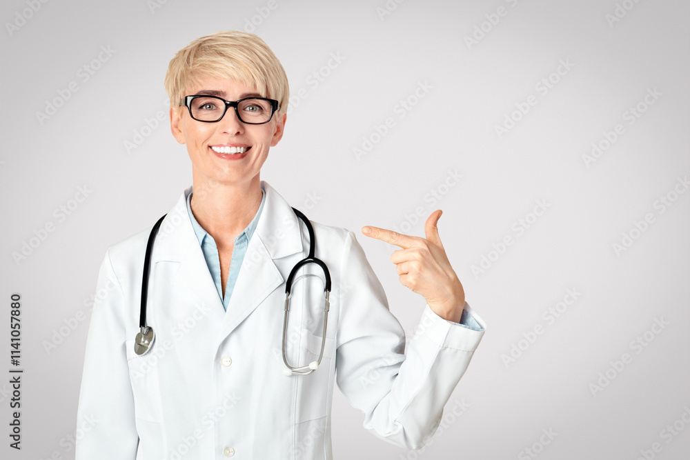 Medical professionals and prevention of disease. Smiling middle aged woman doctor in glasses in white coat with stethoscope, points at herself with finger, isolated on gray background, free space Medical professionals and prevention of disease. Smiling middle aged woman doctor in glasses in white coat with stethoscope, points at herself with finger, isolated on gray background, free space