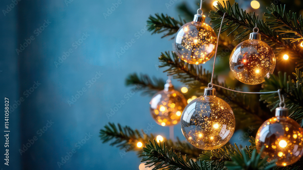 garland made from lot of glass transparent balls, inside the balls there are neon golden glowing lights, shape Christmas tree without wood, festive blurred pastel blue background garland made from lot of glass transparent balls, inside the balls there are neon golden glowing lights, shape Christmas tree without wood, festive blurred pastel blue background