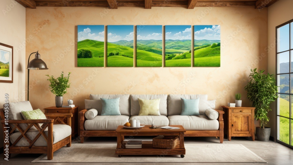 Multi-panel wall art mockup of green rolling hills, enhancing room aesthetics with canvas prints. Multi-panel wall art mockup of green rolling hills, enhancing room aesthetics with canvas prints.