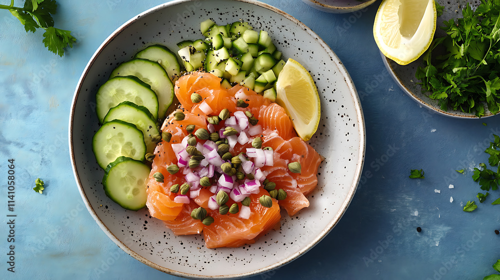 Classic bagel breakfast with smoked salmon, cream cheese, capers, and red onions, with a side of sliced cucumber and lemon wedges Classic bagel breakfast with smoked salmon, cream cheese, capers, and red onions, with a side of sliced cucumber and lemon wedges