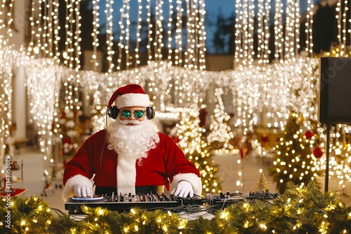 A joyous Christmas gathering featuring Santa Claus as the DJ, clad in a festive costume, and working a DJ mixer to create a lively atmosphere brimming with holiday cheer. photo