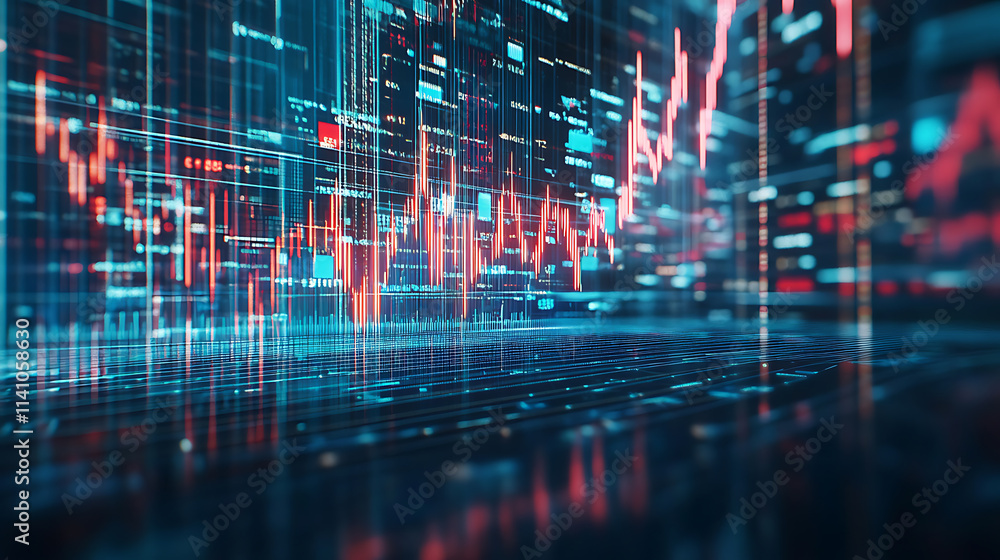 Arrows pointing up and down on blue background with stock market graph Arrows pointing up and down on blue background with stock market graph