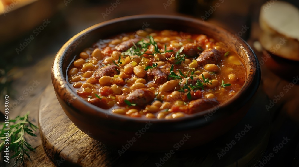 A bowl of soup with beans and meat A bowl of soup with beans and meat