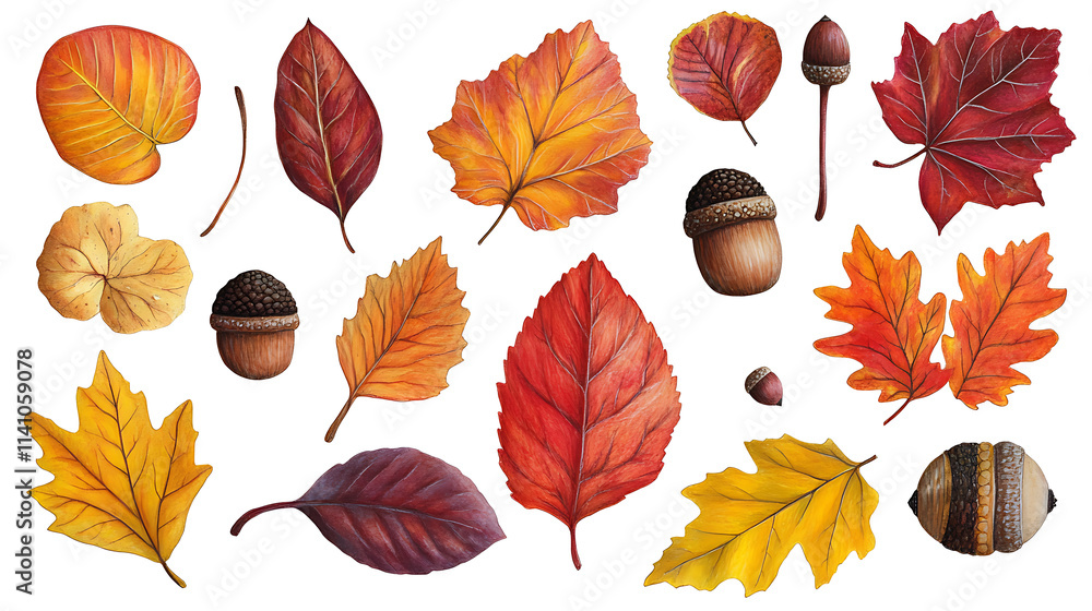 Fototapeta premium Assorted autumn leaves and acorns arranged on a white background, vibrant fall foliage pattern, isolated on white