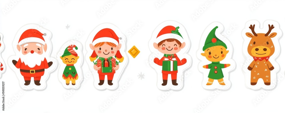Fototapeta premium The Christmas elements consist of Santa Claus, an elf, reindeer, gingerbread, and a modern version of sugar cane.