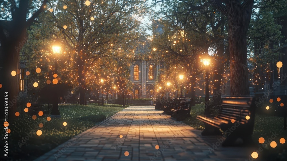 A serene university quad where a mentorship session takes place, glowing visuals tracking academic growth A serene university quad where a mentorship session takes place, glowing visuals tracking academic growth