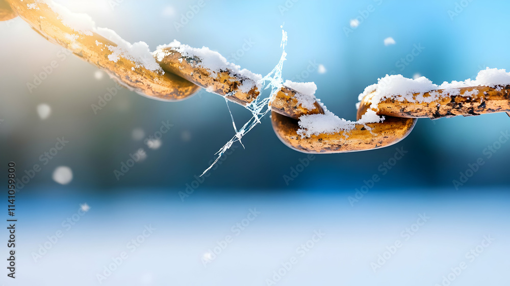 Broken rusty chain covered in snow against a blurred winter background. Broken rusty chain covered in snow against a blurred winter background.