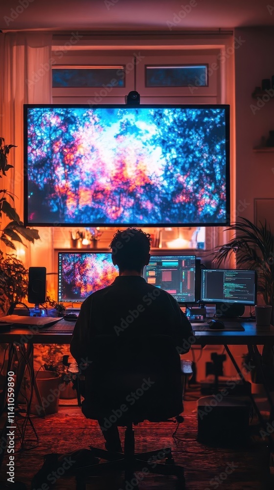 A teacher delivering an online lecture in a bright home studio, glowing visuals displayed on a screen behind them A teacher delivering an online lecture in a bright home studio, glowing visuals displayed on a screen behind them