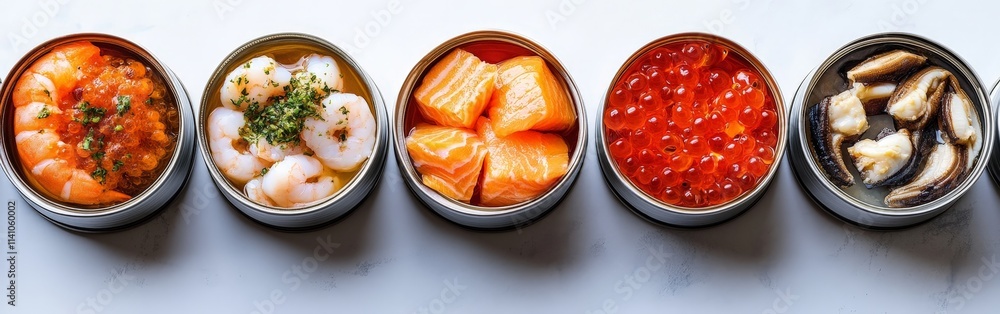 Opened seafood cans on clean white background Opened seafood cans on clean white background