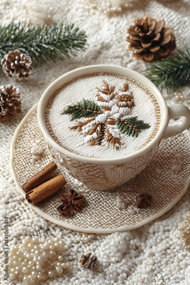 Ultra-detailed embroidered christmas cup of coffee realistic embroidery texture,beige realistic texture background Ultra-detailed embroidered christmas cup of coffee realistic embroidery texture,beige realistic texture background