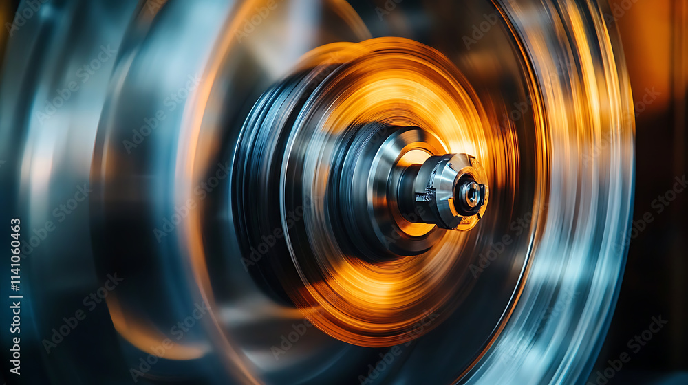 Closeup shot of a spinning flywheel showcasing rotational momentum and energy storage, concept rotational dynamics, mechanical engineering, energy transfer, flywheel applications Closeup shot of a spinning flywheel showcasing rotational momentum and energy storage, concept rotational dynamics, mechanical engineering, energy transfer, flywheel applications