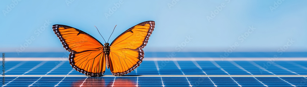 Fototapeta premium vibrant orange butterfly perched on solar panel, showcasing nature beauty and technology harmony