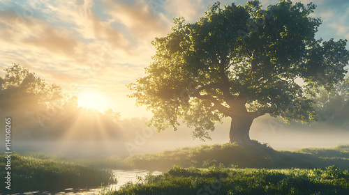 A beautiful green tree in the meadow near the river at sunrise with misty fog in the background a nature landscape with an old big oak tree, sunlight and sun rays