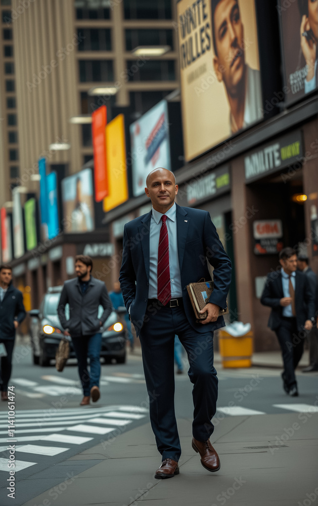 A focused businessman walking confidently in a busy city street surrounded by buildings and people. A focused businessman walking confidently in a busy city street surrounded by buildings and people.