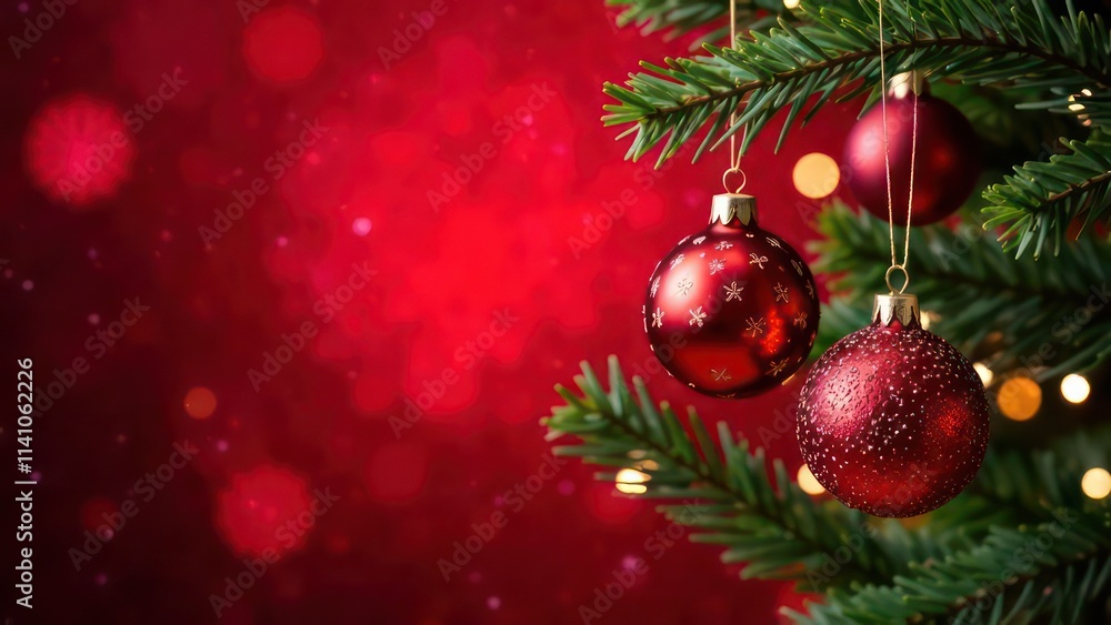 Fir branches with Christmas balls on sparkling red background with winter holiday lights Fir branches with Christmas balls on sparkling red background with winter holiday lights