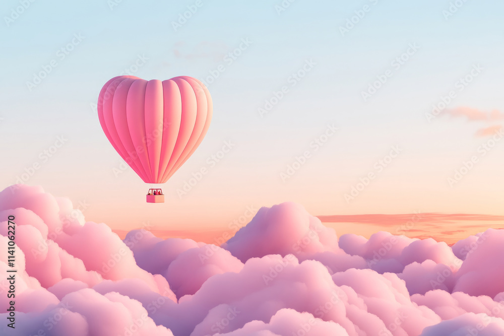 Fototapeta premium Pink heart shaped hot air balloon soaring above clouds