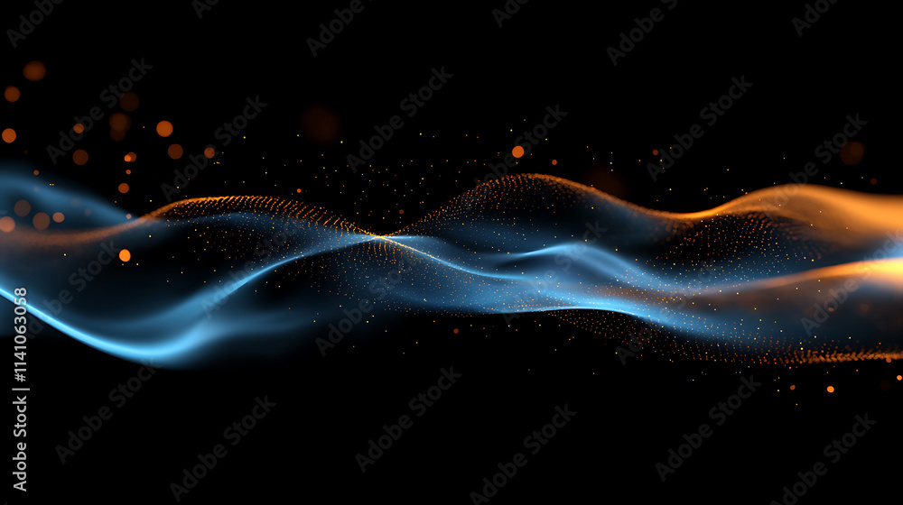 A dynamic wave of blue and orange particles, digital bokeh style, on a dark background, concept of flow or energy A dynamic wave of blue and orange particles, digital bokeh style, on a dark background, concept of flow or energy