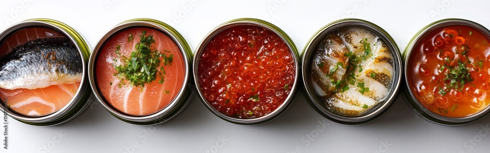 Opened tuna cans with rustic background and tomatoes Opened tuna cans with rustic background and tomatoes