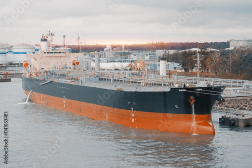 Crude Oil Products Tanker Vessel Docked In The Port In Ballast Lightship Condition