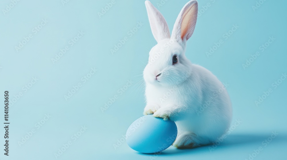 Adorable White Easter Bunny with a Light Blue Egg Adorable White Easter Bunny with a Light Blue Egg