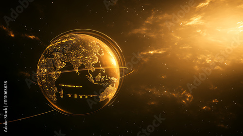 Fototapeta Naklejka Na Ścianę i Meble -  A golden planet earth with data lines on a simple black background in the dark orange and gold style, with a soft glow