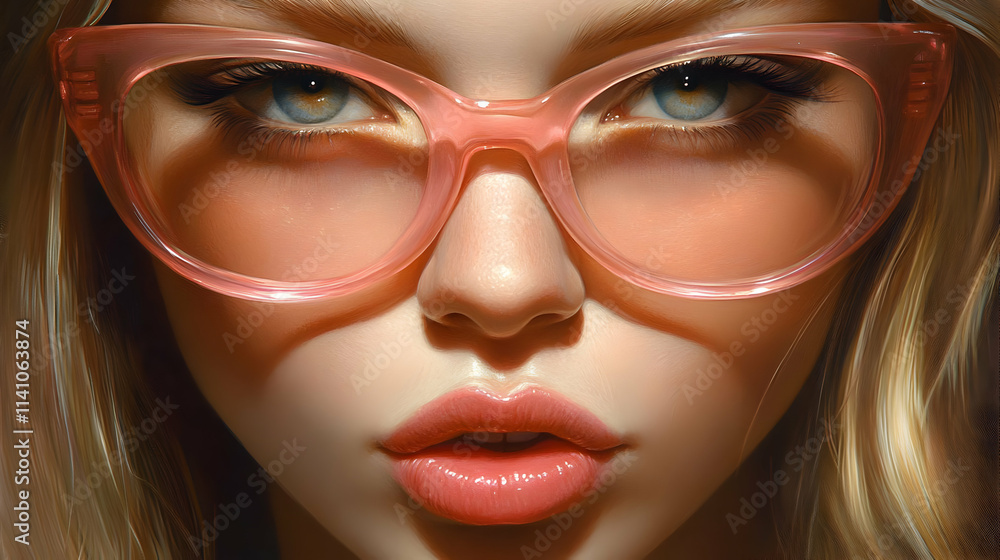 Close-up portrait of a woman's face with pink cat-eye glasses, sunlit skin, and intense gaze. Close-up portrait of a woman's face with pink cat-eye glasses, sunlit skin, and intense gaze.