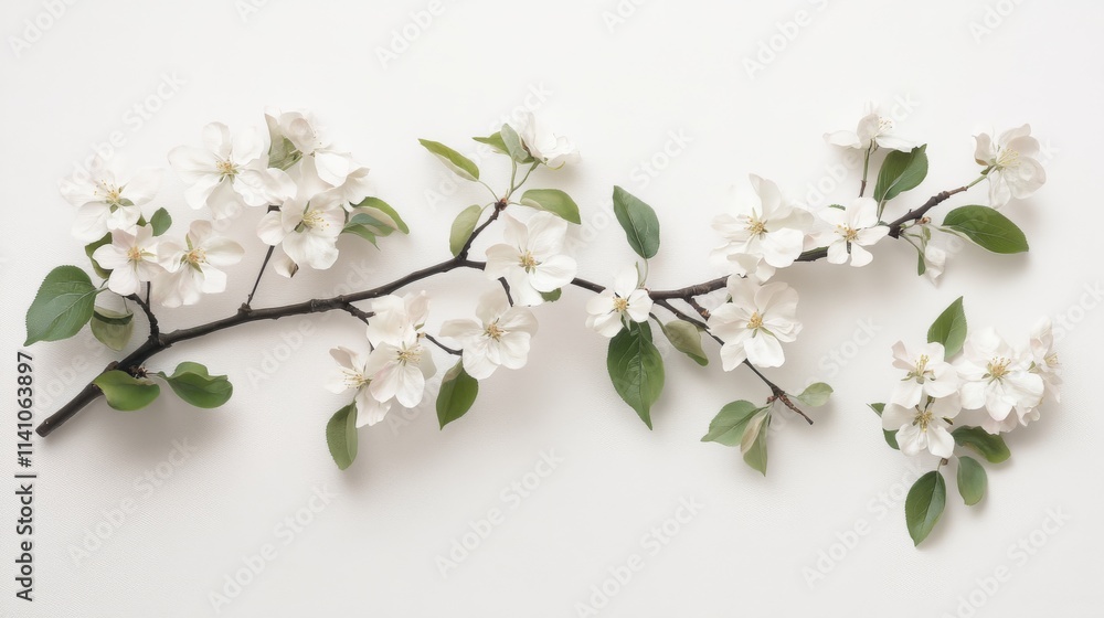 A close-up photograph of an apple blossom branch with white flowers and green leaves, set against a white background. The branch is in sharp focus, creating a striking contrast that highlights its del A close-up photograph of an apple blossom branch with white flowers and green leaves, set against a white background. The branch is in sharp focus, creating a striking contrast that highlights its del