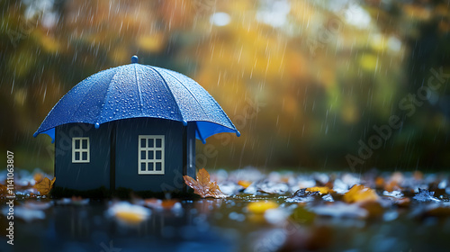 A house is sheltered under a blue umbrella in the rain, symbolizing insurance and protection, on a blurred outdoor background