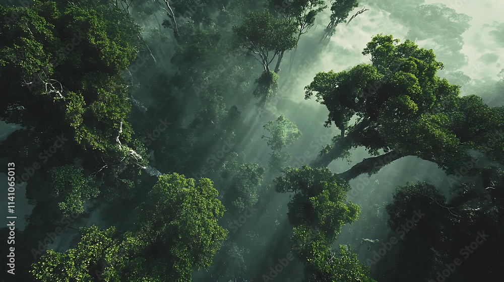 A panoramic view of the canopy from below, showcasing tall trees with lush green leaves that form an expansive forest landscape A panoramic view of the canopy from below, showcasing tall trees with lush green leaves that form an expansive forest landscape