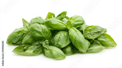 A photograph of fresh basil leaves, isolated on a white background with no shadows or reflections. The focus is sharp, and the lighting is bright, highlighting the vibrant green color. A soft shadow i