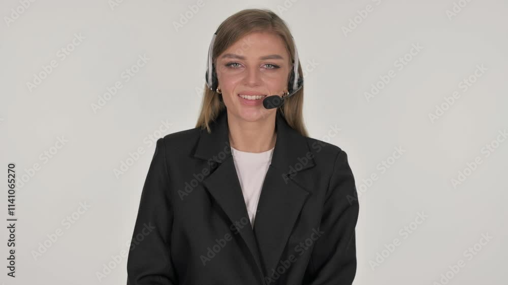 Portrait of Call Center Employee with Headset Doing Thumbs Up on White Background Portrait of Call Center Employee with Headset Doing Thumbs Up on White Background