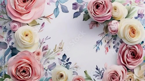 Delicate pastel roses and leaves border frame on white background.