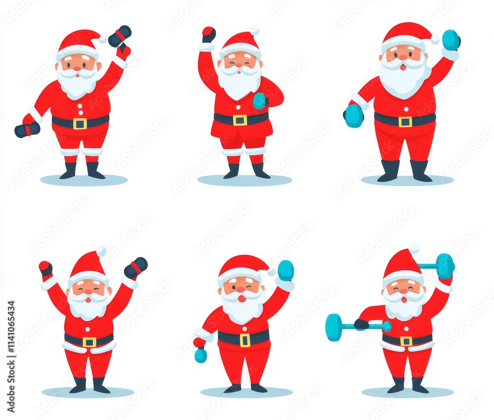 Santa Claus ensemble. Santa Claus with weights. Santa Claus rising from the floor. Series of Santa Claus being active. Flat style. Modern illustration. EPS10 format. Santa Claus ensemble. Santa Claus with weights. Santa Claus rising from the floor. Series of Santa Claus being active. Flat style. Modern illustration. EPS10 format.