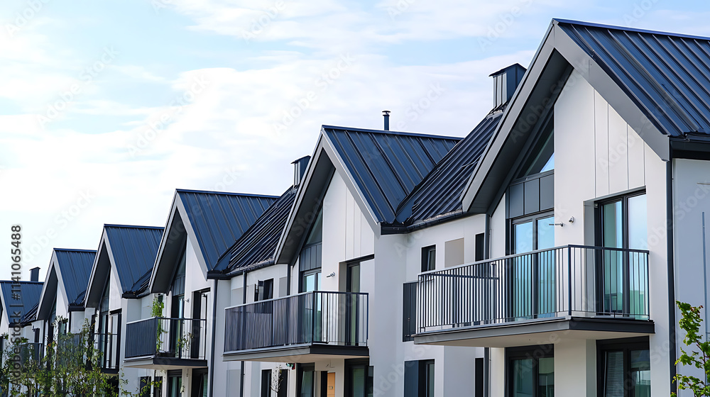A row of modern townhouses with gray metal roofs and white walls, each house has an exterior balcony on the second floor A row of modern townhouses with gray metal roofs and white walls, each house has an exterior balcony on the second floor